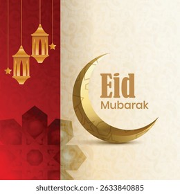 Eid Mubarak Greeting Card with Crescent Moon and Lanterns. Islamic celebration banner.
social media banner, poster, and cultural event designs related to Eid al-Fitr or Eid al-Adha.