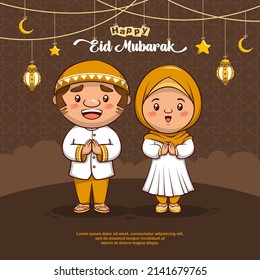 Eid Mubarak Greeting Card, Cute Muslim Character With Lantern, Crescent Moon And Stars, Cute Cartoon Illustration