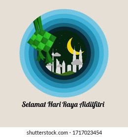Eid Mubarak Greeting Card Design. Silhouette of Kuala Lumpur city. Selamat Hari Raya is Eid Mubarak in Malay Language.