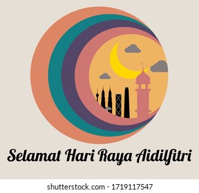 Eid Mubarak Greeting Card design. Silhouette of Kuala Lumpur City. Selamat Hari Raya Aidilfitri is Eid Mubarak in Malay Language.