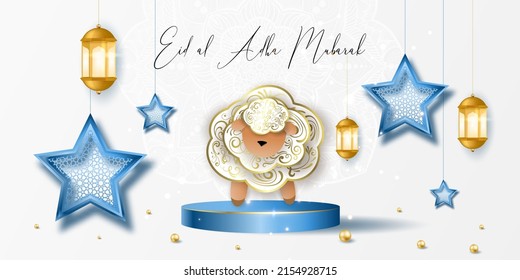 Plantilla de diseño de tarjetas de felicitación Eid Mubarak para invitación, cartel, afiche con lámpara, media luna, caligrafía. Ilustración vectorial realista Eid al-Adha (Fiesta del sacrificio). Eid Mubarak. Hijri