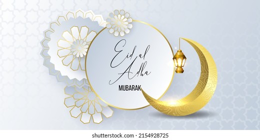 Eid Mubarak greeting card design template for invitation, banner, poster with lamp, crescent, calligraphy. Realistic vector illustration Eid al-Adha (Feast of the Sacrifice). Eid Mubarak. Hijri