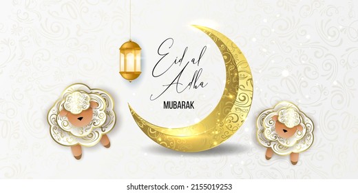 Eid Mubarak greeting card design template for invitation, banner, poster with lamp, crescent, calligraphy. Realistic vector illustration Eid al-Adha (Feast of the Sacrifice). Eid Mubarak. Hijri