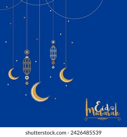 Eid Mubarak Greeting Card Design with Doodle Style Hanging Lantern and Crescent Moon on Blue Background.