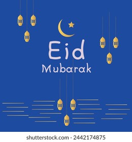 Diseño de tarjeta de felicitación de Eid Mubarak, caligrafía inglesa, para el fondo de las redes sociales post.blue.