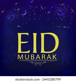 Eid Mubarak Grußkarte Design, wunderschöner islamischer Hintergrund mit Moschee Silhouette, Feuerwerk und glühender Mond, Kreative Vektorillustration für muslimische Gemeinde Festival.