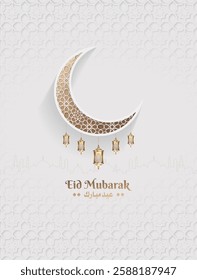 eid mubarak greeting card design with crescent ornament and lanterns