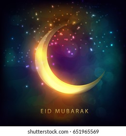 Eid Mubarak Greeting Card Design With Glowing Moon On Shiny Background.