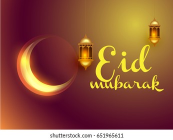 Eid Mubarak Greeting Card Design With Glowing Moon On Shiny Background.