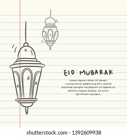 eid mubarak greeting card with doodle lantern, eid mubarak is mean happy islamic big day