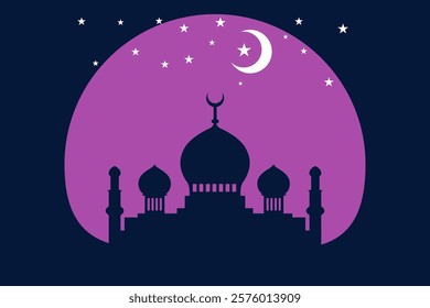 eid mubarak greeting card, Editable Stylized Mosque Silhouette with Crescent Moon and Stars