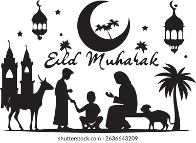 Eid Mubarak greeting card featuring a spooky Halloween autumn pumpkin, cat, and ghost vector illustration set