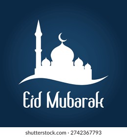 Eid mubarak greeting card featuring a mosque silhouette with a crescent moon on a navy blue background symbolizing islamic culture and celebration in a vector illustration.