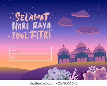 Eid Mubarak greeting card. Festive design with mosque silhouette, moon, stars, and "Selamat Hari Raya Idul Fitri" message.