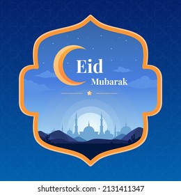 Eid Mubarak greeting card with flat landscape illustration of mosque silhouette in desert, suitable for social media post template