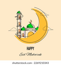 Eid Mubarak greeting card with flat landscape illustration of mosque silhouette in desert, suitable for social media post template