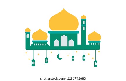 Eid Mubarak greeting card with flat landscape illustration of mosque silhouette an moon, Eid Al Adha banner suitable for social media post template, banner