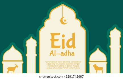 Eid Mubarak greeting card with flat landscape illustration of mosque silhouette an moon, Eid Al Adha banner suitable for social media post template, banner