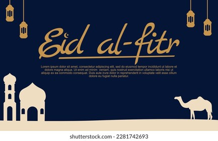 Eid Mubarak greeting card with flat landscape illustration of mosque silhouette an moon, Eid Al Adha banner suitable for social media post template, banner