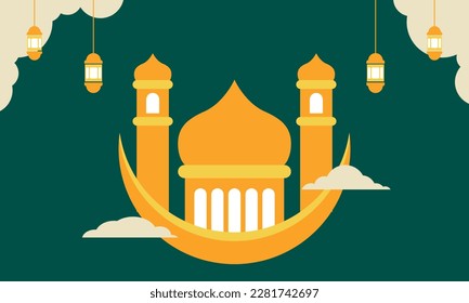 Eid Mubarak greeting card with flat landscape illustration of mosque silhouette an moon, Eid Al Adha banner suitable for social media post template, banner