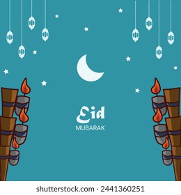 Tarjeta de felicitación de Eid Mubarak. Ilustración plana de eid mubarak, adecuado para la plantilla de publicación de medios sociales.