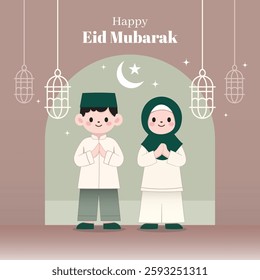 Eid mubarak greeting card. flat design character muslim couple folding hands, lanterns and mosque arch as background. Vector illustration. Eid mubarak means selamat hari raya lebaran.