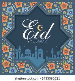 Eid Mubarak greeting card with geometrical frame. Silhouette mosque with blue batik flora pattern design background. Muslim holiday flat vector illustration. (translation: Fasting day celebration)