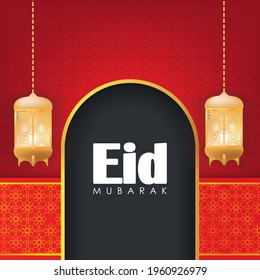 Eid Mubarak Greeting Card. Golden Lamps on Red Background Vector Illustration for greeting card, poster and voucher.