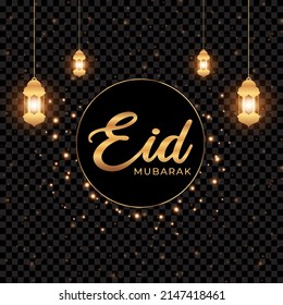 Eid mubarak greeting card. Golden lanterns and stars on black background. Vector illustration