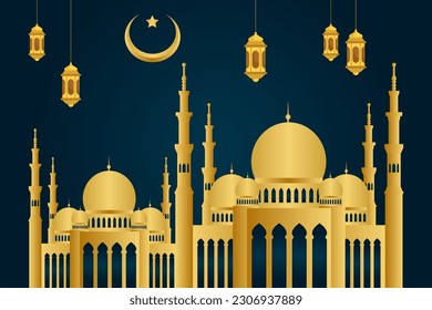 Eid mubarak greeting card. With golden mosque and lamp. With arabic pattern blue background. Eid mubarak vector template