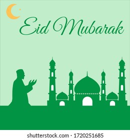Eid mubarak greeting card with green color. Mosque, praying man, and crescent moon illustration.