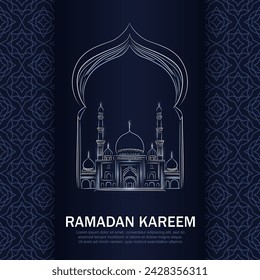 Eid Mubarak greeting card with hand drawn linear Mosque on dark blue background with Arabic pattern frame. Vector banner with silver outline Masjid and Muslim arch. Ramadan Kareem square poster