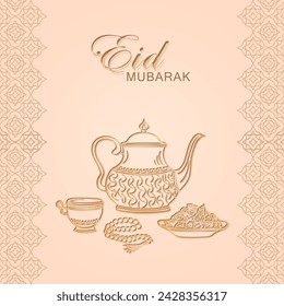 Eid Mubarak Grußkarte mit handgezeichneten linearen goldenen antiken arabischen Wasserkocher, Teetasse, muslimischen Rosenkranz betende Perlen und Datteln in einer Schüssel als Gericht für Iftari. Ramadan Kareem Beige-Poster