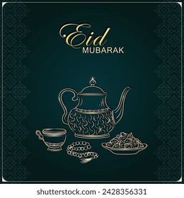 Tarjeta de felicitación de Eid Mubarak con hervidor árabe antiguo lineal de oro dibujado a mano, taza de té, rosario musulmán rezando cuentas y dátiles en un tazón como plato para Iftari. Póster verde oscuro de Ramadan kareem