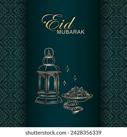 Tarjeta de felicitación de Eid Mubarak con linterna árabe lineal de oro dibujada a mano, rosario musulmán rezando cuentas y dátiles en un tazón como plato para Iftar. Afiche verde oscuro con marco arabesco para Ramadan Kareem