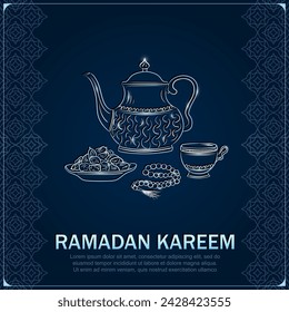 Tarjeta de felicitación de Eid Mubarak con hervidor árabe antiguo de plata dibujado a mano, taza de té, rosario musulmán rezando cuentas y dátiles en un tazón como plato para Iftari. Póster de Ramadan kareem azul oscuro