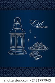 Tarjeta de felicitación de Eid Mubarak con linterna árabe de plata lineal dibujada a mano, rosario musulmán rezando cuentas y dátiles en un tazón como plato para Iftar. Afiche azul oscuro con marco arabesco para Ramadan Kareem