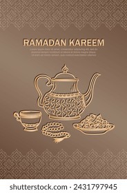 Tarjeta de felicitación de Eid Mubarak con hervidor árabe antiguo lineal de oro dibujado a mano, taza de té, rosario musulmán rezando cuentas y dátiles en un tazón como plato para Iftari. Cartel beige de Kareem de Ramadán