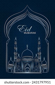 Eid Mubarak greeting card with hand drawn linear Mosque on dark blue background with Arabic pattern. Vector banner with silver outline Masjid and Muslim arch. Ramadan Kareem vertical poster