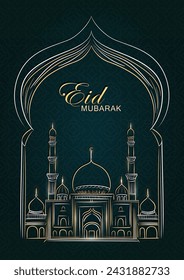 Eid Mubarak greeting card with hand drawn linear Mosque on dark green background with Arabic pattern. Vector banner with golden outline Masjid and Muslim arch. Ramadan Kareem vertical poster