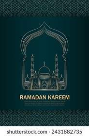 Eid Mubarak greeting card with hand drawn linear Mosque on dark green background with Arabic pattern frame. Vector banner with golden outline Masjid and Muslim arch. Ramadan Kareem vertical poster