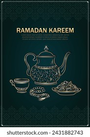 Tarjeta de felicitación de Eid Mubarak con hervidor árabe antiguo lineal de oro dibujado a mano, taza de té, rosario musulmán rezando cuentas y dátiles en un tazón como plato para Iftari. Póster verde oscuro de Ramadan kareem