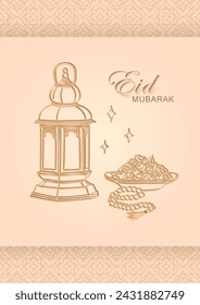 Eid Mubarak greeting card with hand drawn linear golden Arabic lantern, Muslim rosary praying beads and dates in a bowl as dish for Iftar. Beige vertical poster with arabesque frame for Ramadan Kareem