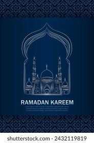 Eid Mubarak greeting card with hand drawn linear Mosque on dark blue background with Arabic pattern frame. Vector banner with silver outline Masjid and Muslim arch. Ramadan Kareem vertical poster