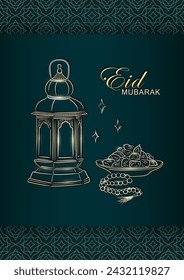 Tarjeta de felicitación de Eid Mubarak con linterna árabe lineal de oro dibujada a mano, rosario musulmán rezando cuentas y dátiles en un tazón como plato para Iftar. Afiche verde oscuro con marco arabesco para Ramadan Kareem