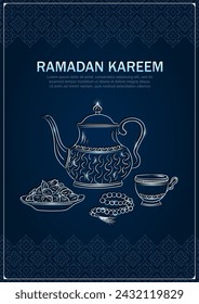 Eid Mubarak greeting card with hand drawn linear silver antique Arabic kettle, teacup, Muslim rosary praying beads and dates in a bowl as a dish for Iftari. Ramadan kareem dark blue poster