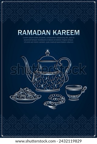 Eid Mubarak greeting card with hand drawn linear silver antique Arabic kettle, teacup, Muslim rosary praying beads and dates in a bowl as a dish for Iftari. Ramadan kareem dark blue poster