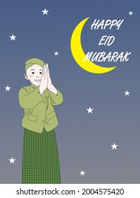 Eid Mubarak Greeting Card. Happy Muslim Boy Cartoon.
