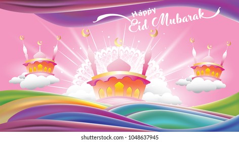 Eid Mubarak greeting Card Illustration, ramadan kareem cartoon vector Wishing for Islamic festival for banner, poster, background, flyer,illustration, brochure and sale background