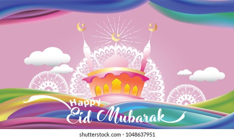 Eid Mubarak greeting Card Illustration, ramadan kareem cartoon vector Wishing for Islamic festival for banner, poster, background, flyer,illustration, brochure and sale background